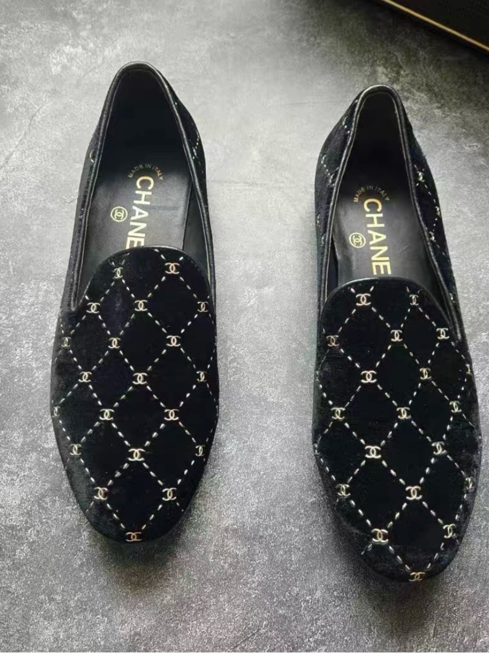 CHANEL Black Quilted Velvet CC Logo Slip-On Loafers